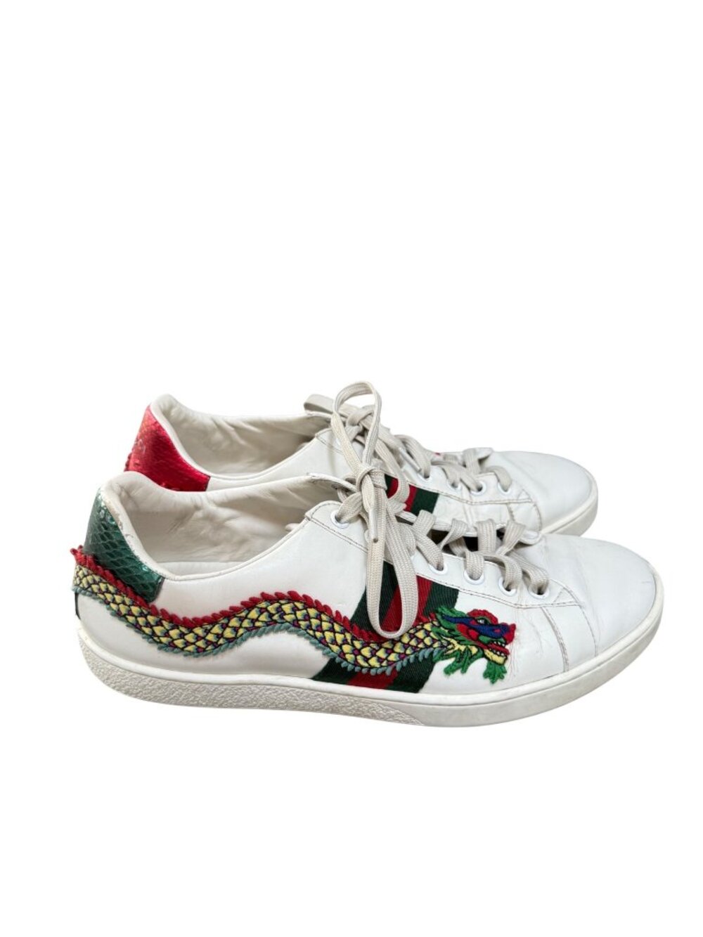 Gucci Women's Low Top Sneaker Shoes Ace Dragon Embroidered White Leather Sz 39.5